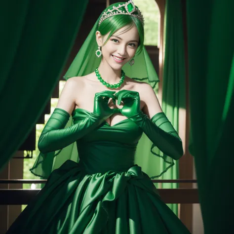 emerald tiara, Green Pearl Necklace, Boyish very short green hair, lipsticks, Japan woman smiling, very short short hair, big breasts beautiful, Green eyes, Long green gloves made of satin material, Green eyes, Emerald Earrings, Heart with both hands