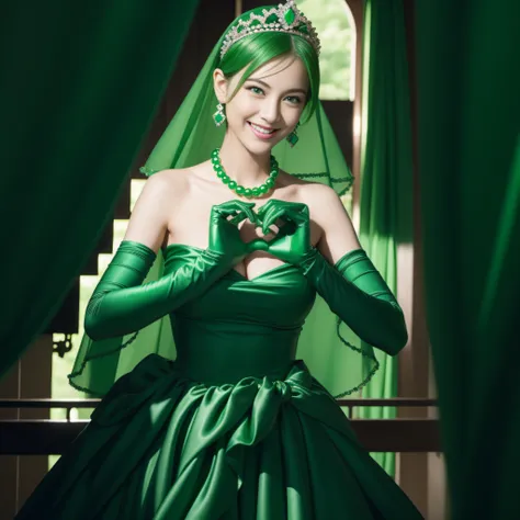 emerald tiara, Green Pearl Necklace, Boyish very short green hair, lipsticks, Japan woman smiling, very short short hair, big breasts beautiful, Green eyes, Long green gloves made of satin material, Green eyes, Emerald Earrings, Heart with both hands