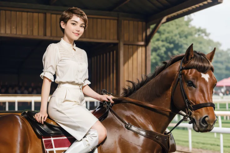 98
(a 20 yo woman,is standing), (A hyper-realistic), (high-level image quality), ((short-hair:1.46)), (Gentle smile), (Keep your mouth shut), (Riding a horse), (ride horse、Horse racing、carriage)