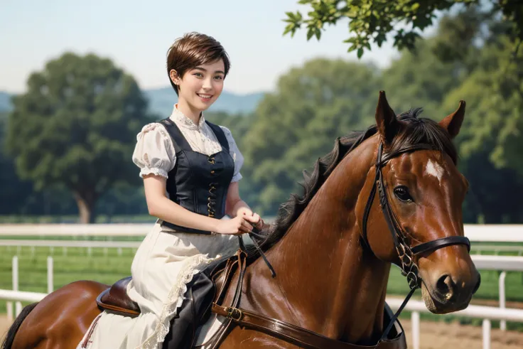 98
(a 20 yo woman,is standing), (A hyper-realistic), (high-level image quality), ((short-hair:1.46)), (Gentle smile), (Keep your mouth shut), (Riding a horse), (ride horse、Horse racing、carriage)