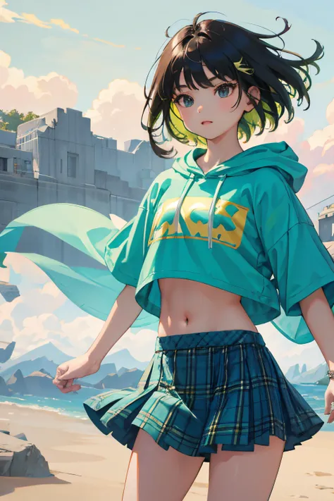 (child:1.2)，（​masterpiece，Highest Quality），Short sleeve hoodie，Crop Top Look，Green plaid skirt，A dark-haired，The wind is blowing