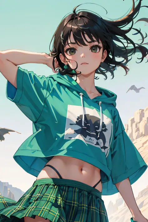 (child:1.2)，（​masterpiece，Highest Quality），Short sleeve hoodie，Crop Top Look，Green plaid skirt，A dark-haired，The wind is blowing