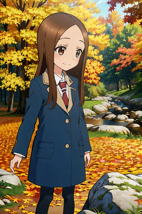 (Realistic),(Photorealistic),Takagi_San, 1girl in, Height 155 cm，14years，Long hair,Brown hair, Part bangs, Brown eyes, Red face，dark blue long coat，long black skirts, Long sleeves, Forehead, Black socks, brown shoes, Smile, Looking at Viewer, masutepiece,F...