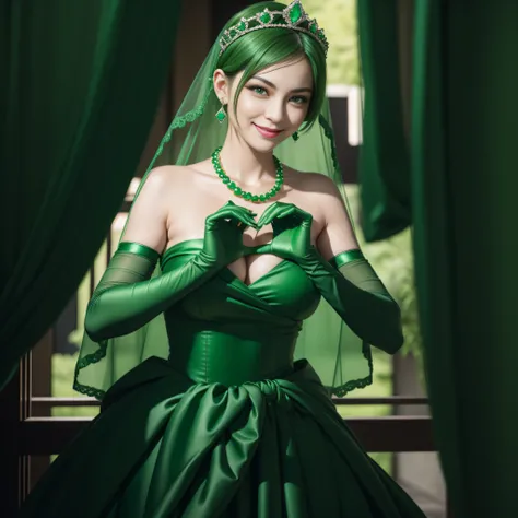 emerald tiara, Green Pearl Necklace, Boyish very short green hair, lipsticks, Japan woman smiling, very short short hair,  big breasts beautiful, Green eyes, Long green gloves made of satin material, Green eyes, Emerald Earrings, green vale, Heart with bot...