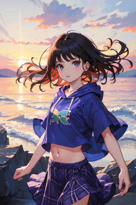 (child:1.2)，（​masterpiece，Highest Quality），Short sleeve hoodie，Crop Top Look，Purple plaid skirt，A dark-haired，The wind is blowing