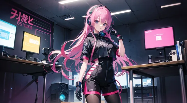 mitsukasa ayas，cyber punk perssonage, , digital punk, anime style 4k, short-sleeved game suit,pink long hair, computer room, gam...