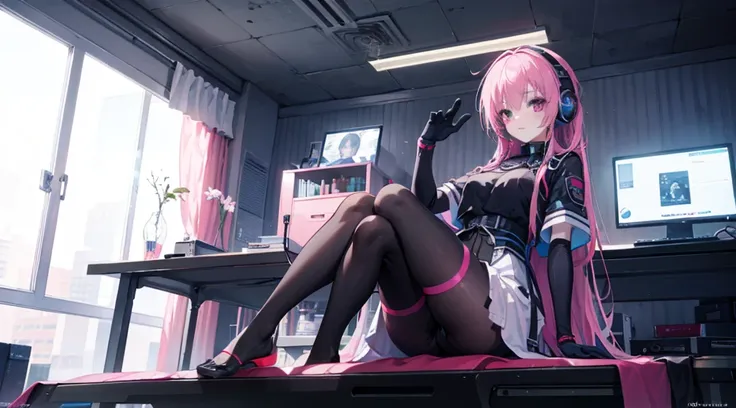 mitsukasa ayas，cyber punk perssonage, , Digital punk, Anime style 4k, Short-sleeved game suit,Pink Long Hair, computer room, Gaming headset overhead，black pantyhoses，black glove。