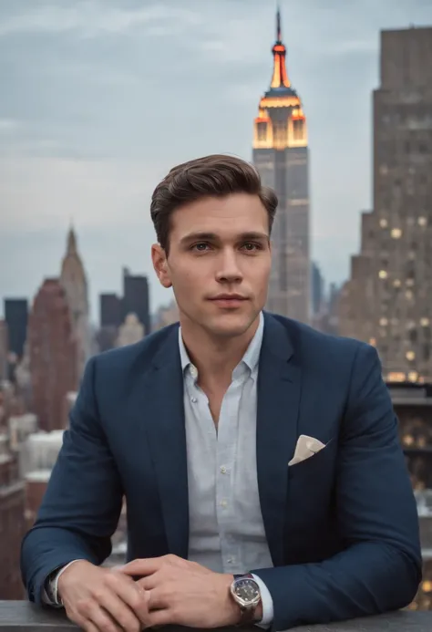 A photo of Finance Bro sitting in a rooftop bar with the Empire State Building in the background,original,30 years old, masculine, near comb over hair, wears a navy suit with a tie, walks around New York City