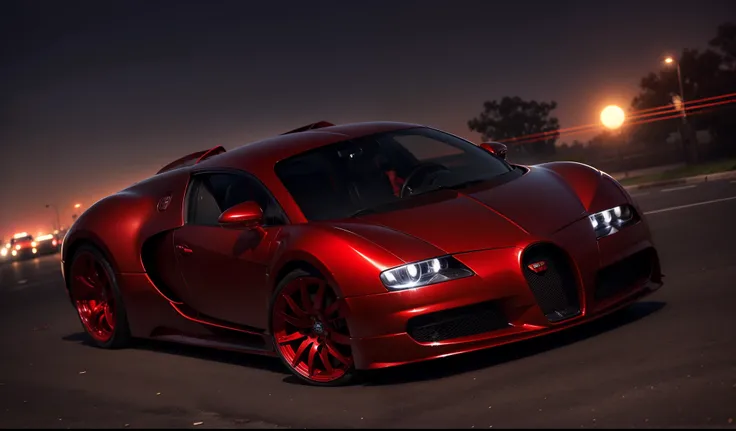 an imposing red Bugatti with its headlights on on a street in East Los Angeles on a night full of stars with Saturn appearing with rings and comets crossing the sky and with the full moon illuminated and reflecting objects. Grafitti nos muros e carros e a ...