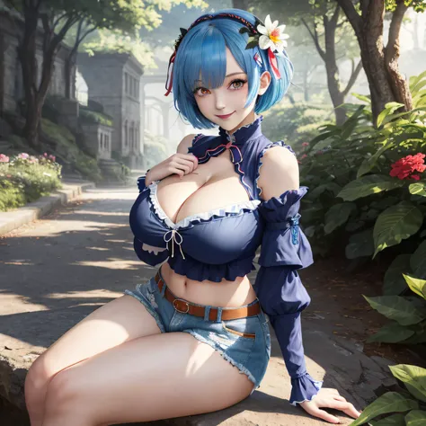 masterpiece, best quality, highres, ram1, 1girl, solo, rem (re:zero), blue hair, short hair, red eyes, hair over one eye, ribbon trim, hair ribbon, x hair ornament, frills, crop top white, denim shorts,medium breasts, cleavage, , hair flower, outdoor s, si...