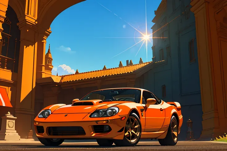 (masterpiece)+, (Best Quality)+, (Intricate Detail)+, design me the most beautiful car in the world, white paint with orange highlights, showroom concept, lens flare, camera artefact, professional photographer, 4k, HDR, longitudinal symmetry