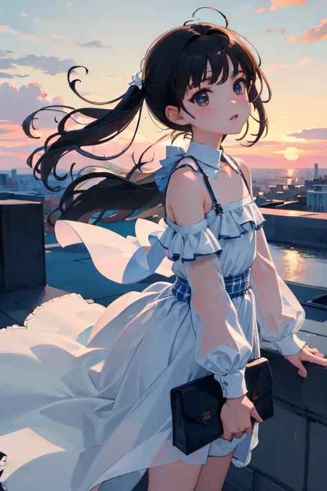 (child:1.2)，（​masterpiece，Highest Quality），Shoulder，plaid skirts，A dark-haired，The wind is blowing，On the rooftop