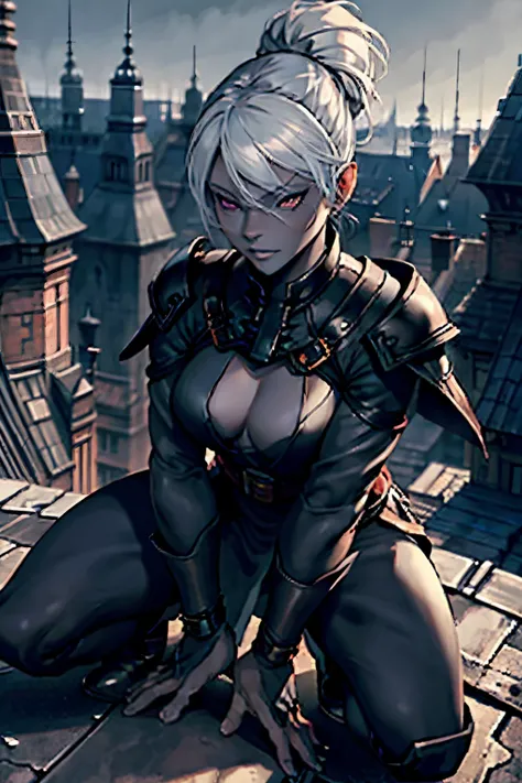 drow female, assassin, red eyes, black leather armor, crouched, rooftop, fantasy city background, black skin, white hair bun