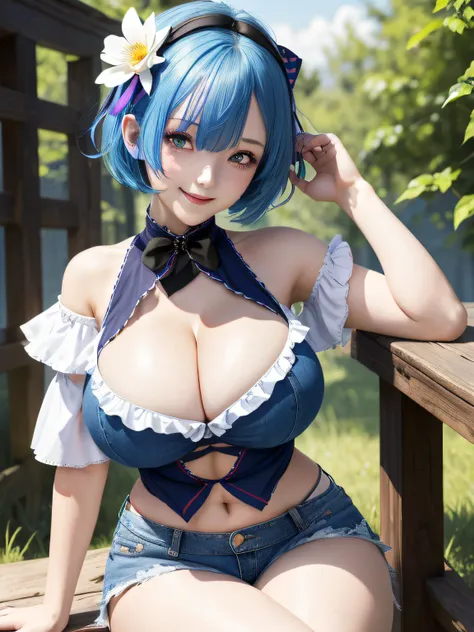 masterpiece, best quality, highres, ram1, 1girl, solo, rem (re:zero), blue hair, short hair, red eyes, hair over one eye, ribbon trim, hair ribbon, x hair ornament, frills, crop top white, denim shorts,medium breasts, cleavage, , hair flower, outdoor s, si...