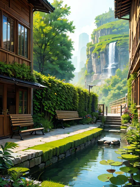 (micro-landscape:1.5),(Best Quality), ((masutepiece)), (hight resolution), Illustration, Original, highly detailed wallpaper, no man, window, Scenery, plant, Water, Potted plants, Outdoors, building, door ，Duan，flower pots，In the daytime，water lily，a chair...