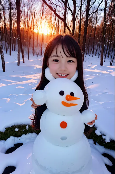 5-year-old girl happily builds snowman，snowflower，at winter season，Thick snow，footprints，Colorful，the setting sun，style of disney animation，disney animated movie style，（（Best quality））， （（tmasterpiece））， Enhanced dynamic viewing angle，，flowers blooming，Cot...