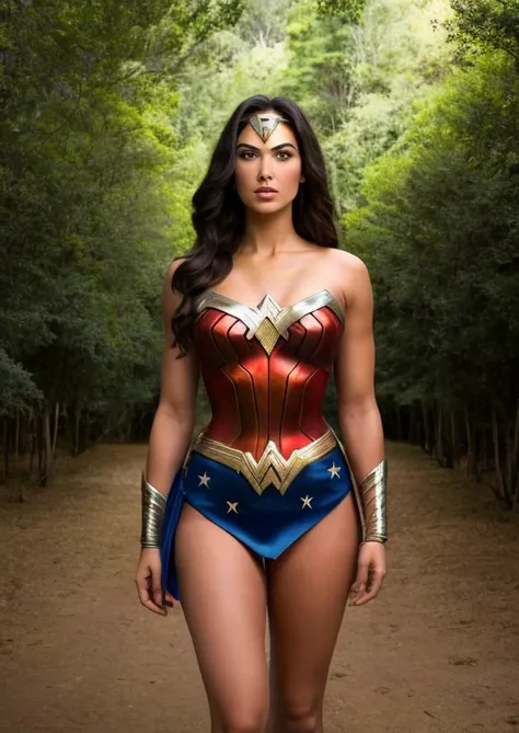 Hay una hermosa mujer Wonder Woman con un traje rojo y zul brillante como el oro y la plata, disparo gran angular, mejor calidad, detalles en la piel de sudor, de pie al lado de las piramides mayas en mexico, al fondo se observan arboles piramide