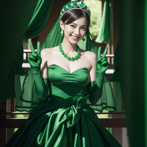 emerald tiara, Green Pearl Necklace, Boyish very short green hair, lipsticks, Japan woman smiling, very short short hair, big breasts beautiful, Green eyes, Long green gloves made of satin material, Green eyes, v sign,V-sign with both hands, Emerald Earrin...