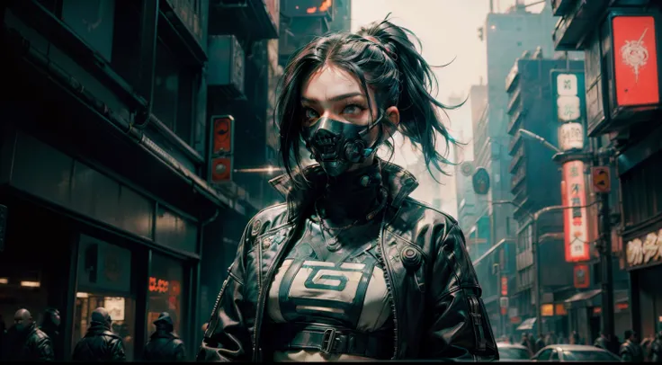 Mujer arafed con un tatuaje en el pecho, Wear a cyber mask , There is cybernetic bone marrow from your cybernetic mask, cyberpunk art inspired by Kanō Hōgai, tendencias en CGSociety, neo-dada, Cyberpunk Streetwear, cyberpunk street goon, wearing japanese t...