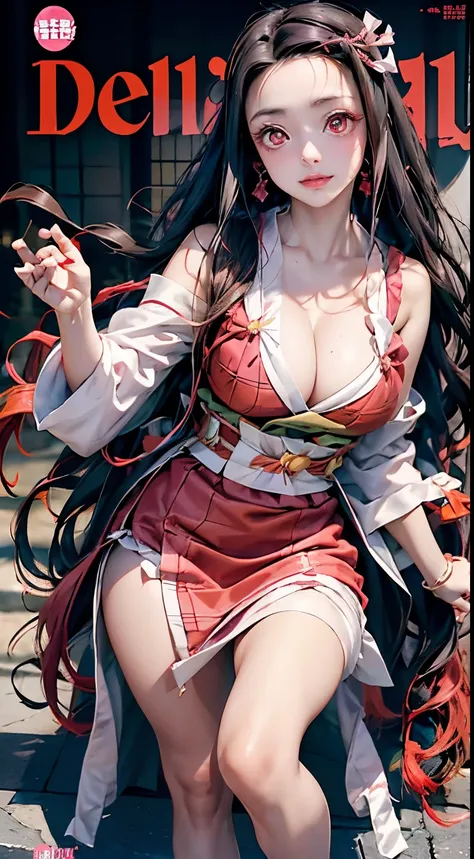 (8k) HD, Best quality, Works of masters, A high resolution, 1girll, nezuko kamada, ((nezuko of demon slayer)) Super beautiful face, super beautiful red eye, Super beautiful hair，Trendy outfits，MagazineCover，Sexy and charming，Color explosion，Black color hai...