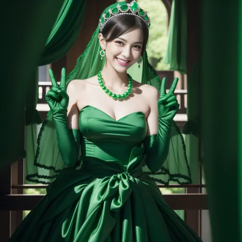 emerald tiara, Green Pearl Necklace, Boyish very short green hair, lipsticks, Japan woman smiling, very short short hair, big breasts beautiful, Green eyes, Long green gloves made of satin material, Green eyes, v sign,V-sign with both hands, Emerald Earrin...