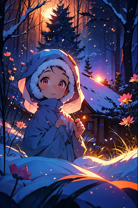 5-year-old girl happily builds snowman，snowflower，at winter season，Thick snow，footprints，Colorful，the setting sun，style of disney animation，disney animated movie style，（（Best quality））， （（tmasterpiece））， Enhanced dynamic viewing angle，，flowers blooming，Cot...