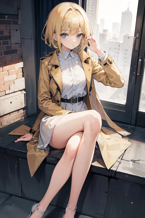 Masterpiece, 1 girl, solo, short blond hair, trench coat, sitting crossed legged, chillerism