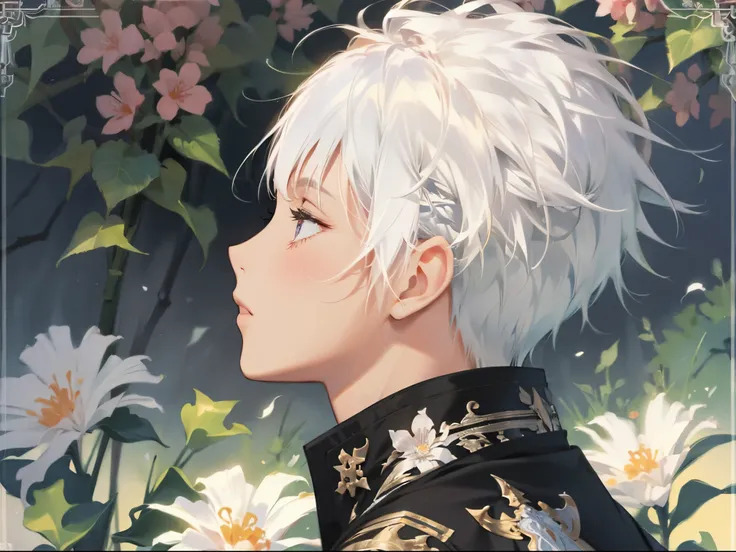 White hair、florals、profile