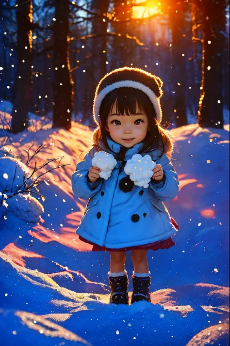 5-year-old girl happily builds snowman，snowflower，at winter season，Thick snow，footprints，Colorful，the setting sun，style of disney animation，disney animated movie style，（（Best quality））， （（tmasterpiece））， Enhanced dynamic viewing angle，，flowers blooming，Cot...