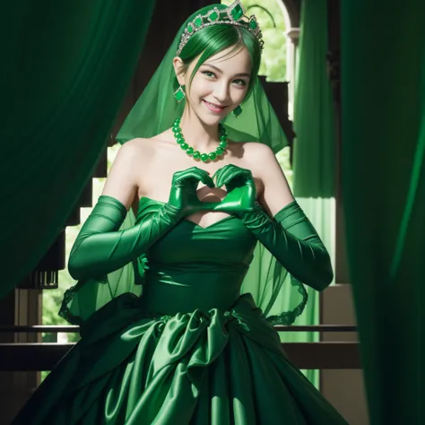 emerald tiara, Green Pearl Necklace, Boyish very short green hair, lipsticks, Japan woman smiling, very short short hair,  big breasts beautiful, Green eyes, Long green gloves made of satin material, Green eyes, Emerald Earrings, green vale, Heart with bot...