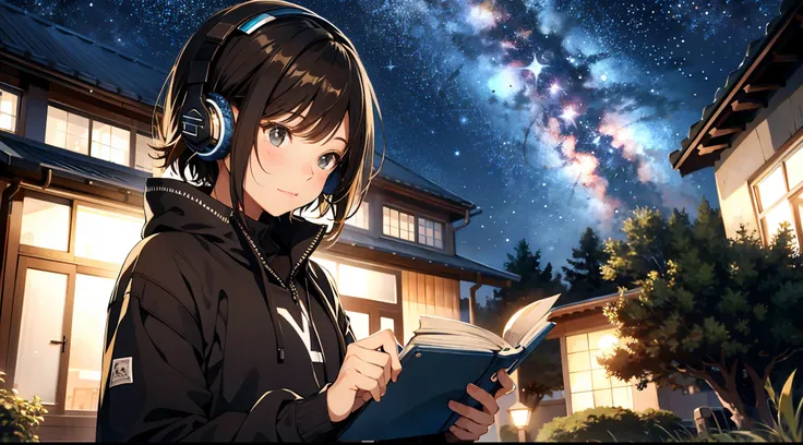 Girl reading book, wearing headset,outdoors, night, starry sky, music notes, short Brown hair,