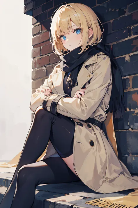 Masterpiece, 1 girl, solo, short blond hair, trench coat, scarf, sitting crossed legged, chillerism