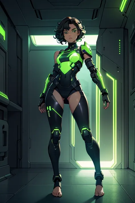 A beautiful, young, barefoot cyborg woman, wearing cybernetic technological black, green and white body armor with a skirt, prosthetic arms and legs , with short shoulder-length curly hair, in a futuristic room.