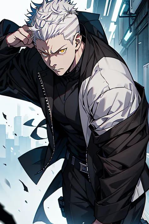 a 19 year old boy, white hair and shaved sides, yellow eyes, wearing a black jacket, jujutsu kaisen uniform, jujutsu kaisen anime