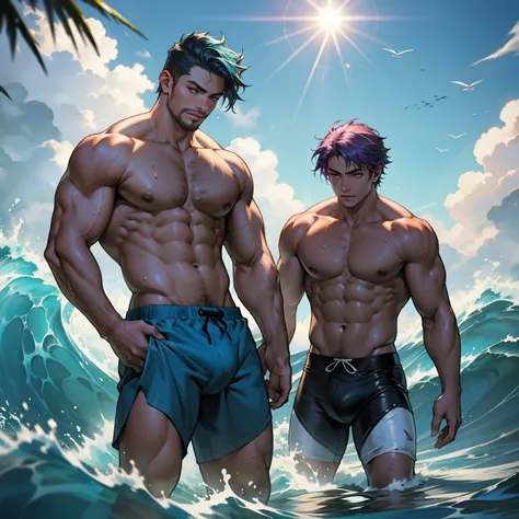 Two  boys swimming together，beauty,  deep ocean Ocean  huge waves, huge bulge,  muscular,, ripped clothes,  wet clothes, rainbow hair,giants,