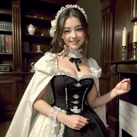 (((Best Quality, masutepiece, 超A high resolution、The most complex and detailed depictions)))、((1人の女性、Beautiful maid、Adult maid、victorian maid, black and white maid uniform、Maid outfit with a big apron、Perfect smile、A big smile staring at the camera、Elegant...