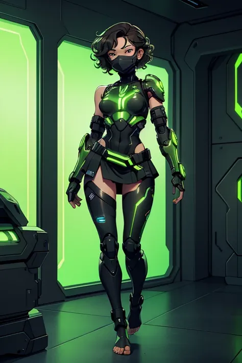 A beautiful, young, barefoot cyborg woman, wearing cybernetic technological black, green and white body armor with a skirt, prosthetic arms and legs and a facemask , with short shoulder-length curly hair, in a futuristic room.