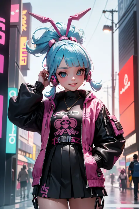 Anime masterpiece, best quality, (((smiling teenaged cyberpunk girl ((wearing detailed Harajuku tech jacket)), (((Harajuku cyberpunk clothing)))), (bold colors and patterns), eye-catching accessories, trendy and innovative hairstyle))), (cowboy shot), ((in...