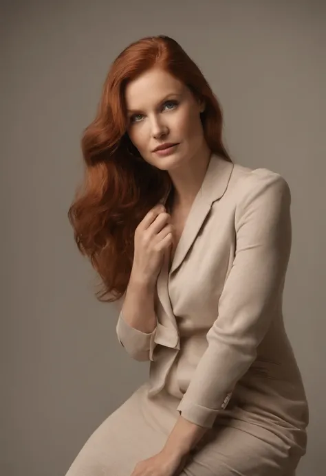 redheaded publicity photo for art magazine. woman aged approximately 30 years old, discreetly fat (body mass index equal to 40). sitting on an elegant chair. Shoulder length hair. Wearing elegant clothes. inside a stylish modern apartment, well lit by dayl...