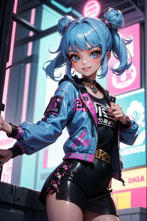 anime masterpiece, best quality, (((smiling teenaged cyberpunk girl ((wearing detailed harajuku tech jacket)), (((harajuku cyber...