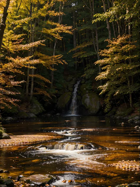 photorealistic landscape image, the beauty of fall foliage in stunning detail, serene forest with bright autumn colors. Sunlight must penetrate through the foliage., casting a warm and gentle glow onto the stage. A peaceful stream should flow through the f...