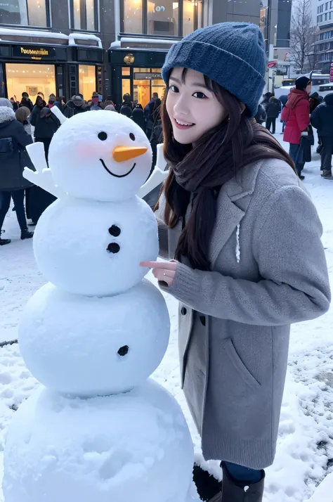 Top image quality、masutepiece、top-quality、A hyper-realistic、Photorealsitic、A huge snowman in the city