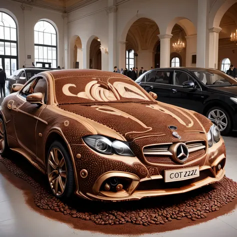 a car made of coffee in a building with people standing around, coffee art, (masterpiece), mercedez benz, realistic, incredible art, amazing artwork, HD, 8k, stunning artwork, (best quality), finely detailed car, intricate artwork, gorgeous art