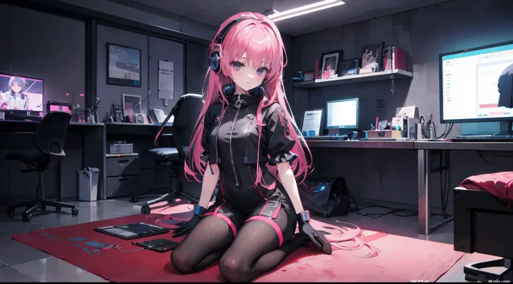 mitsukasa ayas，cyber punk perssonage, , digital punk, anime style 4k, short-sleeved game suit,pink long hair, computer room, gam...