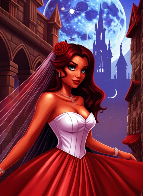 a vampire bride in a red dress, dark skin, red lips, full moon, dark night, medieval castle, pixel art. --auto --s2