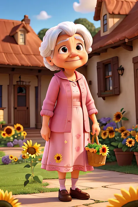 A Disney-Pixar style 3D cartoon movie poster of a little old lady with white hair, wearing a pink dress, picking a sunflower in the courtyard of her house