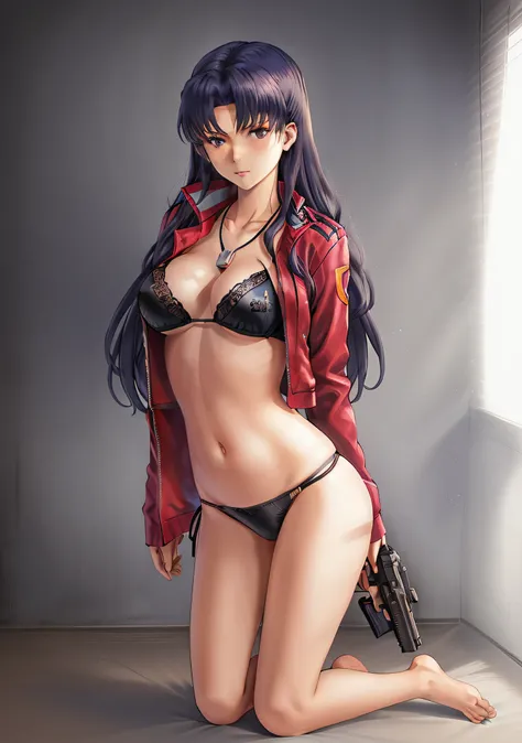 Katsuragi_Misato, 
1girl, gun, weapon, handgun, pistol, solo, holding_gun, jewelry, katsuragi_misato, necklace, underwear, barefoot, black_panties, trigger_discipline, panties, clothes_pull, long_hair, lingerie, jacket, kneeling, breasts, blue_hair, 
high ...