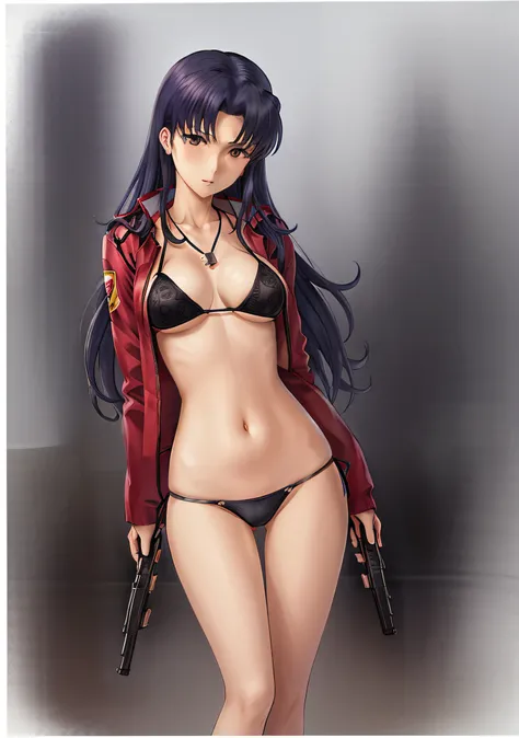 Katsuragi_Misato、
1girl in, guns, arma, pistols, pistol, 独奏, holding_gun, jewely, katsuragi_misato, a necklace, undergarment, bare-legged, black_panties, trigger_discipline, panties on, clothes_pull, long_hair, an lingerie, jaket, kneeking, breastsout, blu...