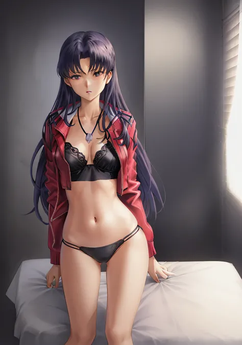 Katsuragi_Misato、
1girl in, guns, arma, pistols, pistol, 独奏, holding_gun, jewely, katsuragi_misato, a necklace, undergarment, bare-legged, black_panties, trigger_discipline, panties on, clothes_pull, long_hair, an lingerie, jaket, kneeking, breastsout, blu...