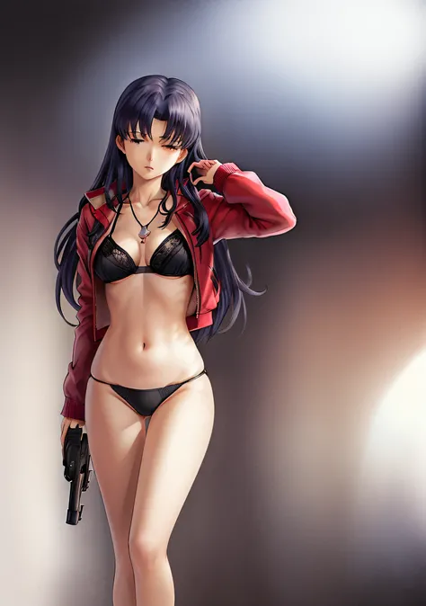 Katsuragi_Misato、
1girl in, guns, arma, pistols, pistol, 独奏, holding_gun, jewely, katsuragi_misato, a necklace, undergarment, bare-legged, black_panties, trigger_discipline, panties on, clothes_pull, long_hair, an lingerie, jaket, kneeking, breastsout, blu...